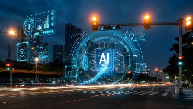 Ai powered traffic control analyzing urban mobility patterns, processing real time data across illuminated metropolitan network during dark city environment. Concept artificial intelligence