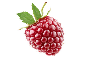 Closeup of fresh ripe raspberry with green leaves, vibrant color and juicy textures, perfect for culinary creations.