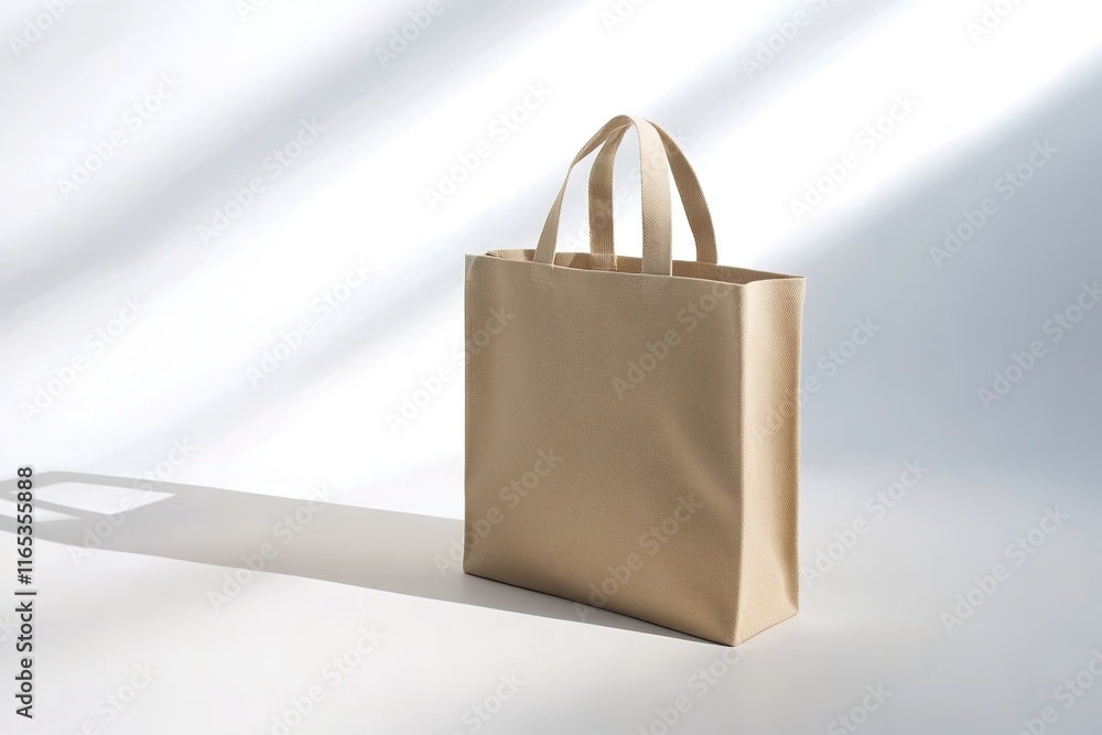 Aufkleber plain beige canvas tote bag with soft shadows placed on bright white background for simplicity