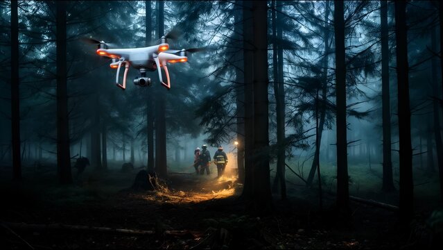 Quadcopter drone hovering near firefighting team, illuminating dark misty woodland during nighttime emergency response mission. Drones in search of missing persons in the forest. Use of drones