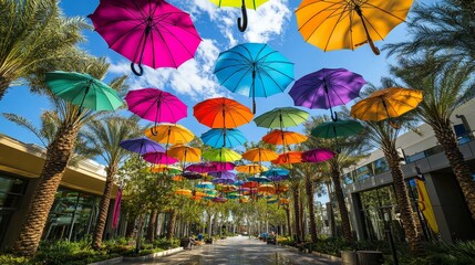 colorful umbrellas floating in the sky