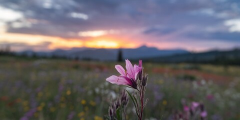 Fototapeta premium Hope in Bloom at Sunset. A single wildflower stands tall against a vibrant sunset, symbolizing growth, resilience, and new beginnings.