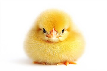 Obraz premium Adorable fluffy yellow chick on a clean white background, perfect for spring themes