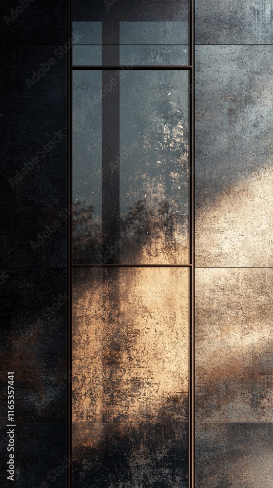 Poster Modern building facade reflecting trees in dirty window with bronze frame
