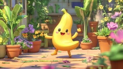 A cute banana-shaped character dancing in the garden, in a cartoon style with bright colors and simple lines. The background is simple, with the character .