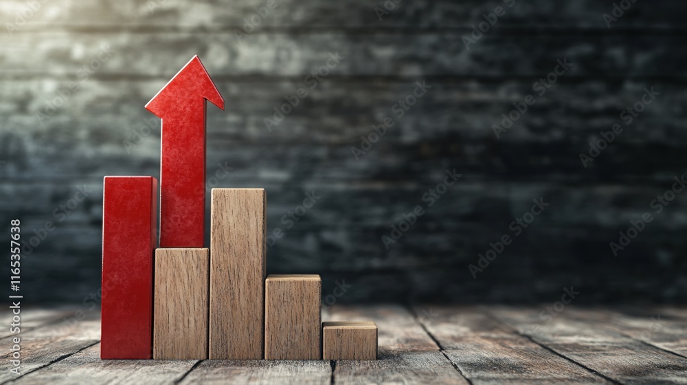 Poster growth and progress concept with wooden blocks and red arrow on rustic background