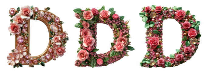 Floral Decorative Letters D on Transparent Background for Design