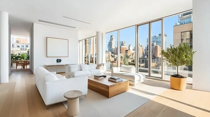Fototapeta premium A Minimalist living room. A modern, bright living room featuring large windows, stylish furniture, and a city view, creating an inviting and spacious atmosphere.