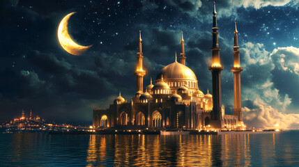 Captivating golden mosque illuminated by the moonlight against a starry night sky, reflecting in tranquil waters