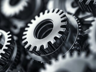 Close up view of interlocking metal gears working together