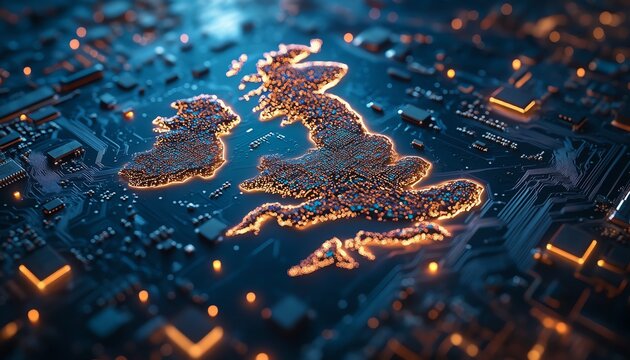 UK map integrated into a microchip, illustrating the interaction of national borders and digital innovation in a cuttingedge design
