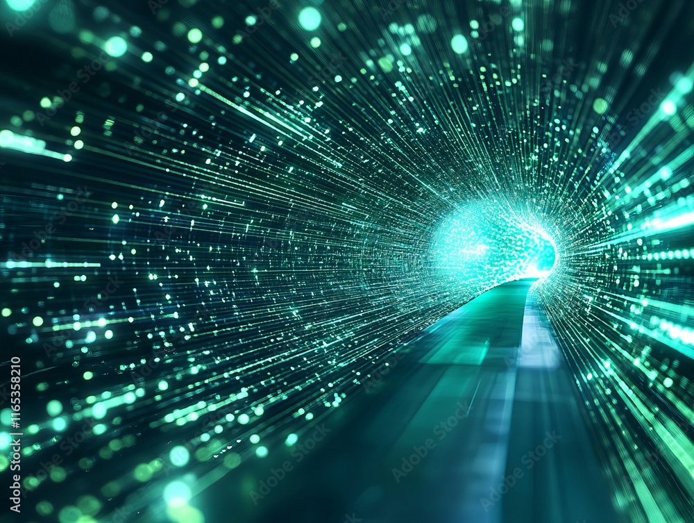 Poster futuristic data stream flowing through digital tunnel visualization