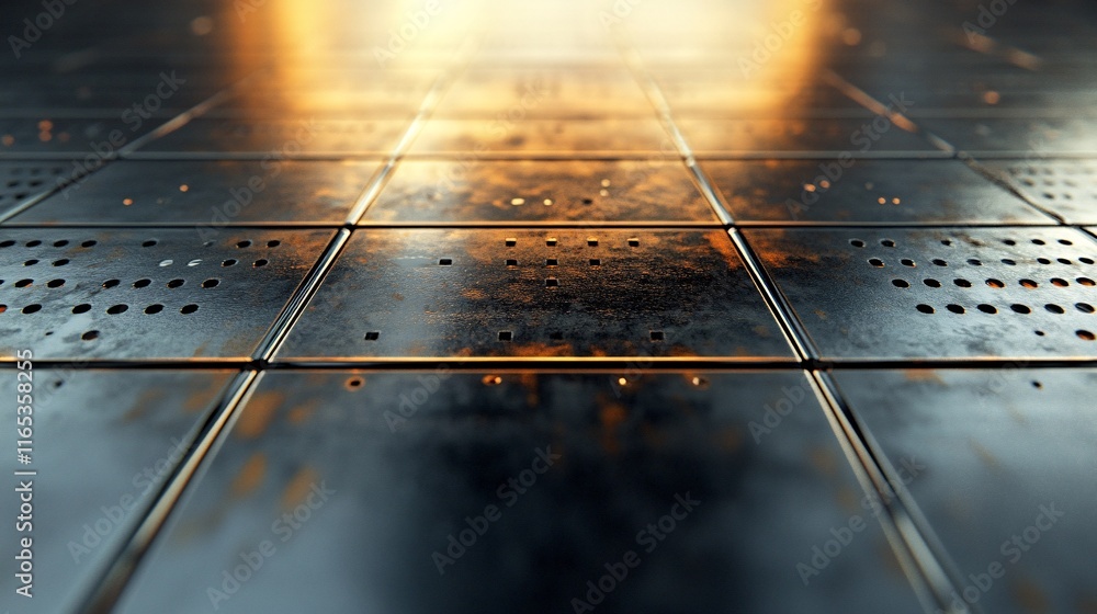 Aufkleber rusty metallic tiles creating a futuristic floor reflecting warm light