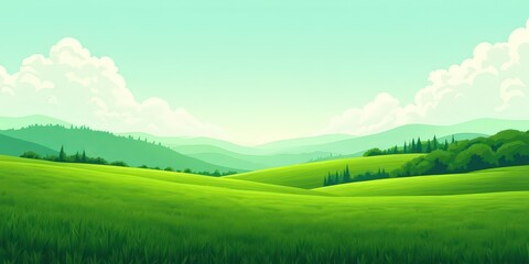 Fototapeta premium Serene Meadow: A breathtaking illustration of a tranquil meadow, bathed in soft, warm light. Rolling hills stretch out to distant mountains under a clear, blue sky.