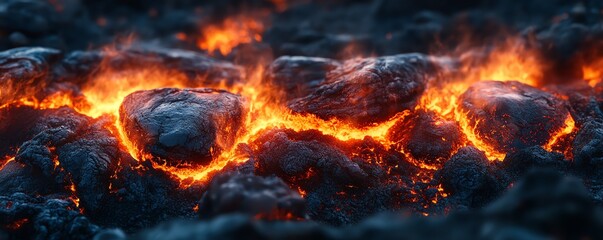 Volcanic rock texture with molten lava and fire, featuring swirling magma and intense flames, capturing the raw power and heat of an erupting volcano