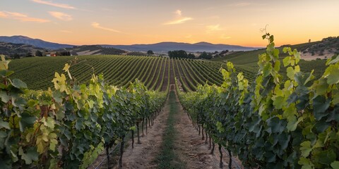 Fototapeta premium Vineyard Rows with Ripe Grapes. A scenic shot of a vast vineyard with rows of vines stretching towards the horizon. 