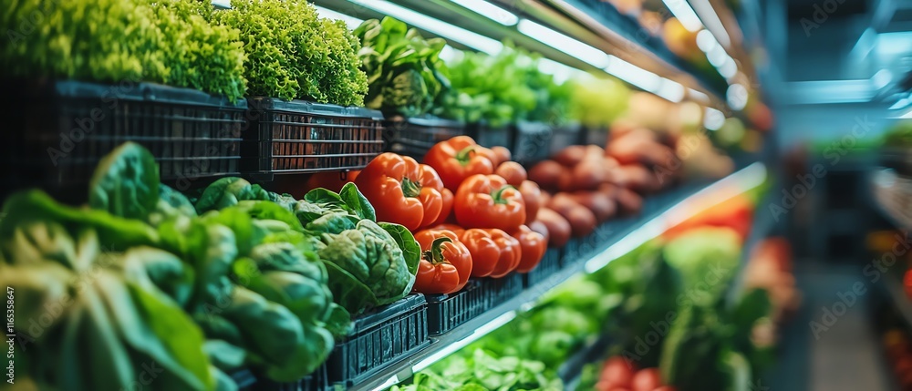 Aufkleber vertical farm with stacked shelves of fresh vegetables and greens inside an industrial space, demons