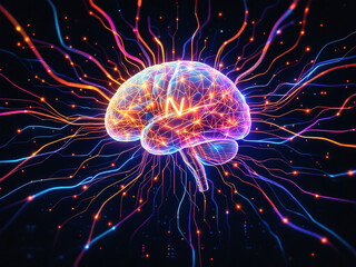 Obraz premium A futuristic, blue-toned image displays a brain with circuit patterns, atop a glowing platform that resembles a city.