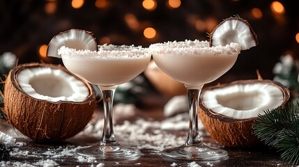 Creamy Coconut Cocktails Garnished With Fresh Coconut