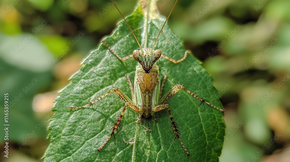 Poster a close-up of a mantis camouflaged on a green leaf, with its sharp features clearly defined.
