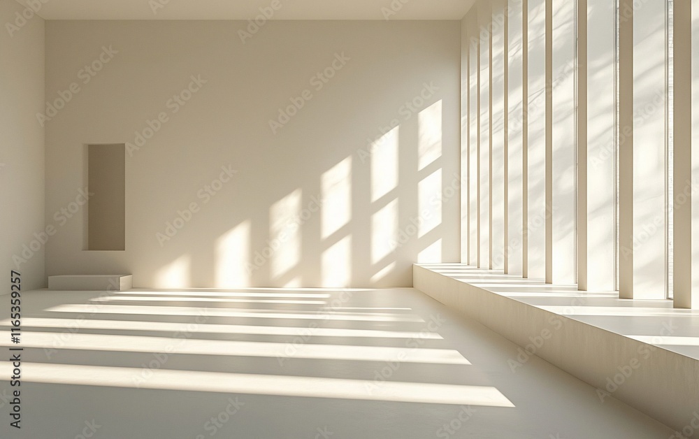 Poster sunlit minimalist empty room with large windows and alcove.