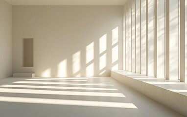 Obraz premium Sunlit minimalist empty room with large windows and alcove.