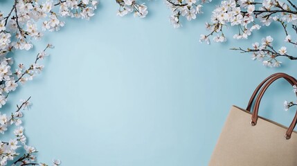 Elegant Spring Flat Lay with Straw Bag and Cherry Blossom Branches on Blue Background