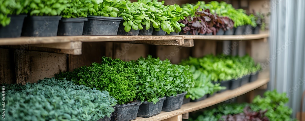 Poster indoor vertical farming system inside an industrial space, featuring rows of stacked shelves filled 