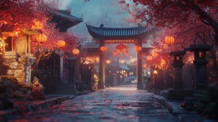 Obraz premium Enchanted Rainy Night in a Chinese Village