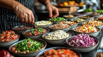 Obraz premium Colorful bowls of fresh ingredients for meal preparation.