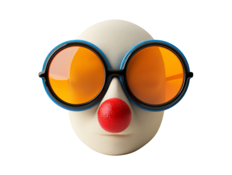 Clown Face with Orange Glasses and Red Nose on Transparent Background - Powered by Adobe
