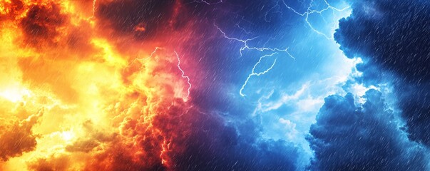 Lightning is striking through dramatic stormy clouds during heavy rain