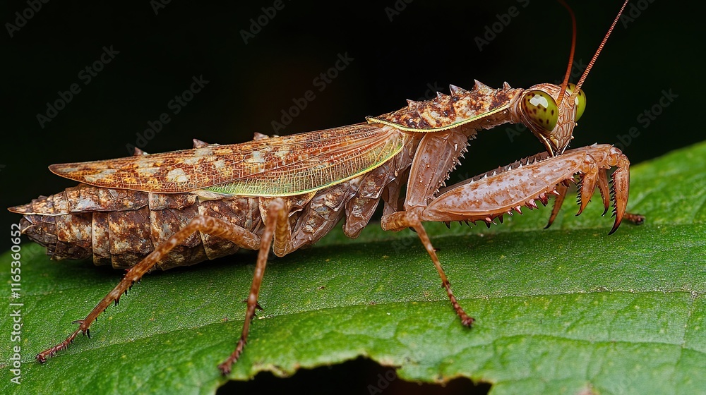 Poster a close-up of a mantis camouflaged on a green leaf, with its sharp features clearly defined.