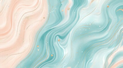 Obraz premium A dreamy marbled pattern with pastel shades of aqua and blush pink, highlighted by sparkling gold flecks along its organic swirls. 