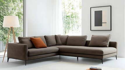 A Minimalist living room. A modern, sectional sofa with a brown fabric finish, featuring a single orange cushion, set in a bright, airy living room with natural light.