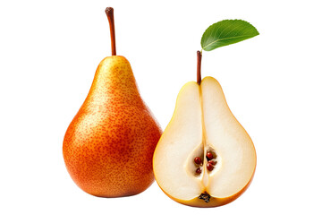 Whole ripe pear and sliced half with visible seeds and green leaf isolated on white transparent background, concept of fresh fruit and nutrition