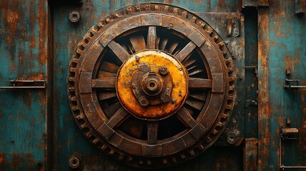 Fototapeta premium Large mechanical fan with exposed gears and rust textures, industrial atmosphere