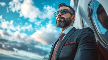 Stylish Businessman Gazing Out of Airplane Window