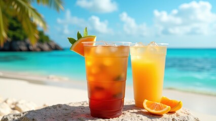 A refreshing sip awaits - a crystal clear cup of iced tea sits on a weathered rock, accompanied by a vibrant orange slice and overlooking a sun-kissed beach backdrop