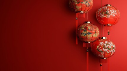 Red Chinese Lanterns Hanging Against a Red Background: A Festive Celebration