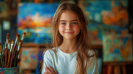 Young girl showcases her vibrant painting in a colorful art studio filled with creative expression and passion