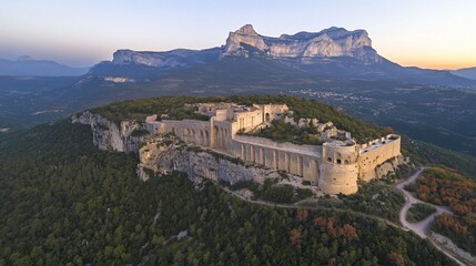 Obraz premium Majestic mountaintop castle at sunset.