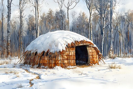 A snow-covered Native American wigwam nestled amidst a winter birch forest.