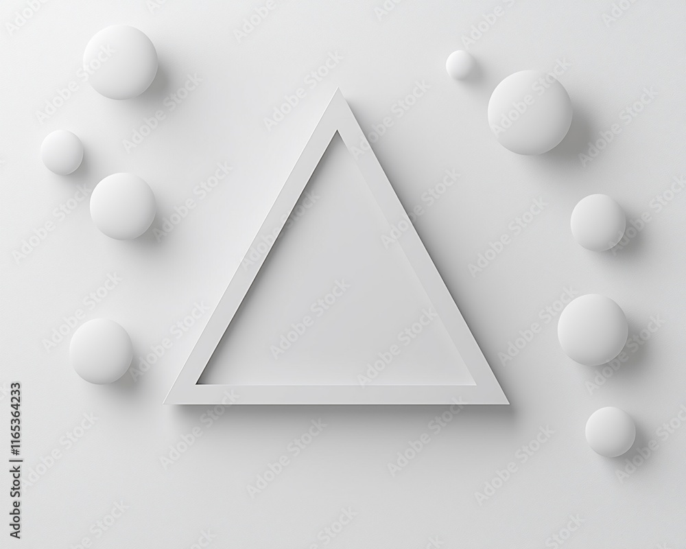 Poster white triangle frame with round shapes on white background.