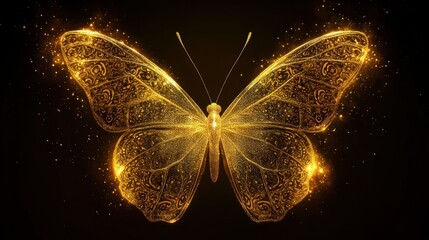 A golden butterfly with intricate shimmering patterns on its wings, glowing softly against a pitch-black background. The butterflys edges sparkle .