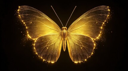 A golden butterfly with shimmering yellow-gold wings, glowing softly against a pitch-black background. The edges of its wings sparkle with tiny golden dust particles, creating a radiant golden aura.