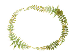 Obraz premium Oblong oval wreath with fern leaves botanical card template in earth tone. Hand drawn watercolor horizontal floral frame. Perfect for the use of ecological material and modern designs.