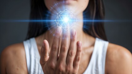 Woman showcasing Vishuddha chakra symbol 