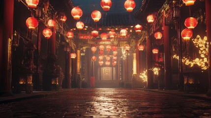 Obraz premium Enchanted Night in Chinatown: Red Lanterns Illuminate Ancient Street