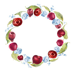 Sweet cherry cerise flying in water splashes drops ice cubes, hand drawn in watercolor, ripe red garden berry leaves. Circle wreath frame illustration. Restaurant cafe menu, farmers market, wedding